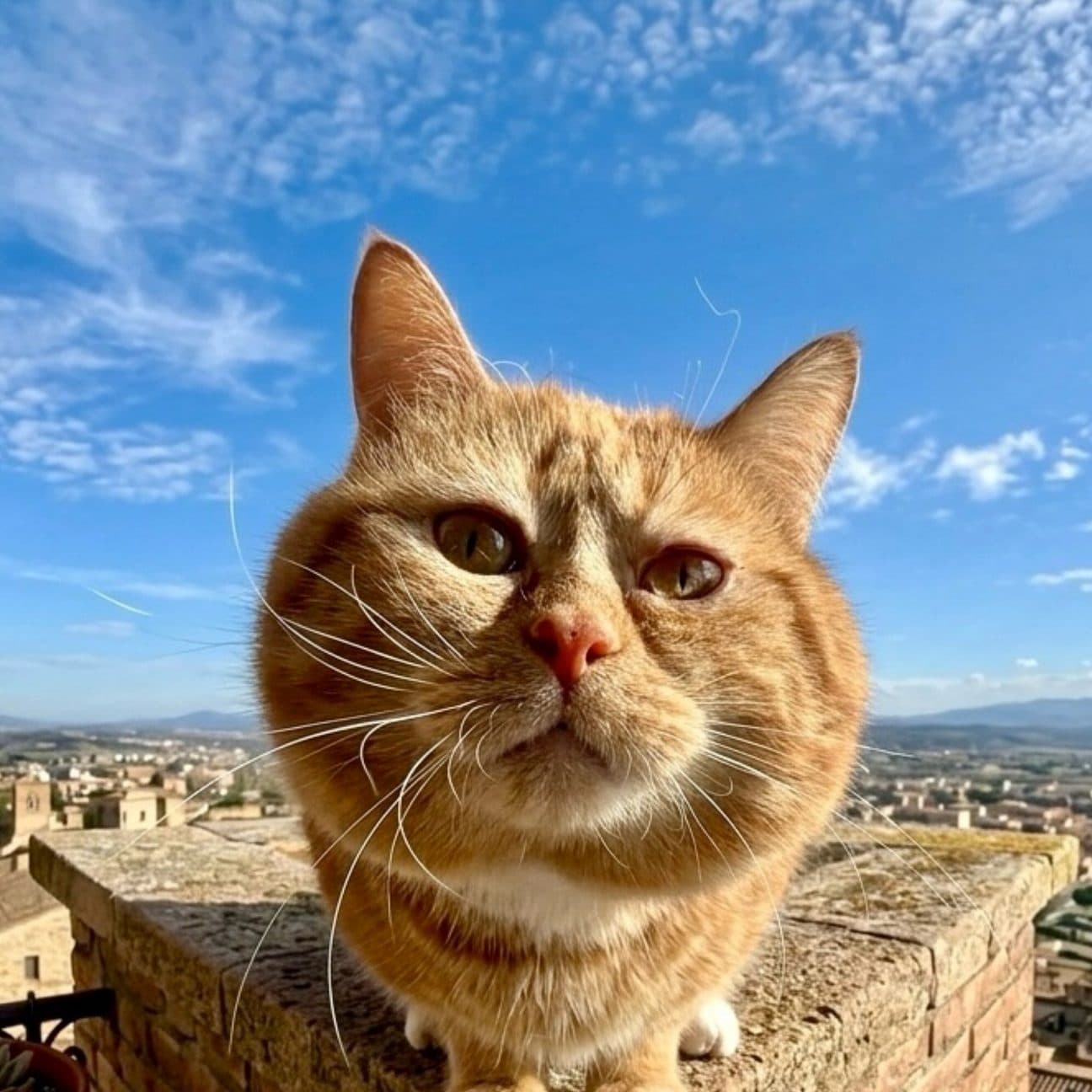 A ginger tabby cat on a brick parapet high above a town, blue sky and scattered clouds behind